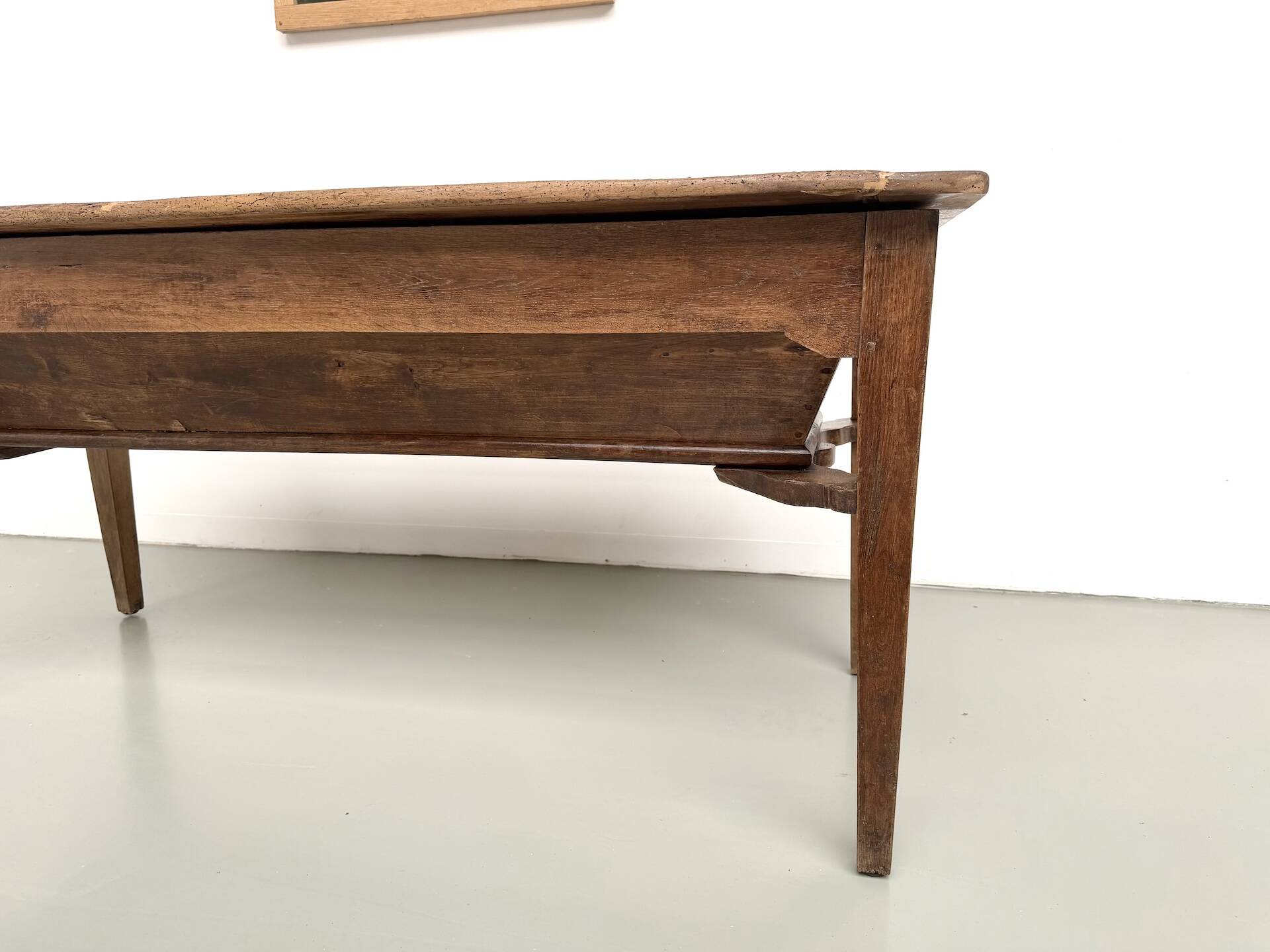 Farm table, old solid oak dough trough, France, around 1920.