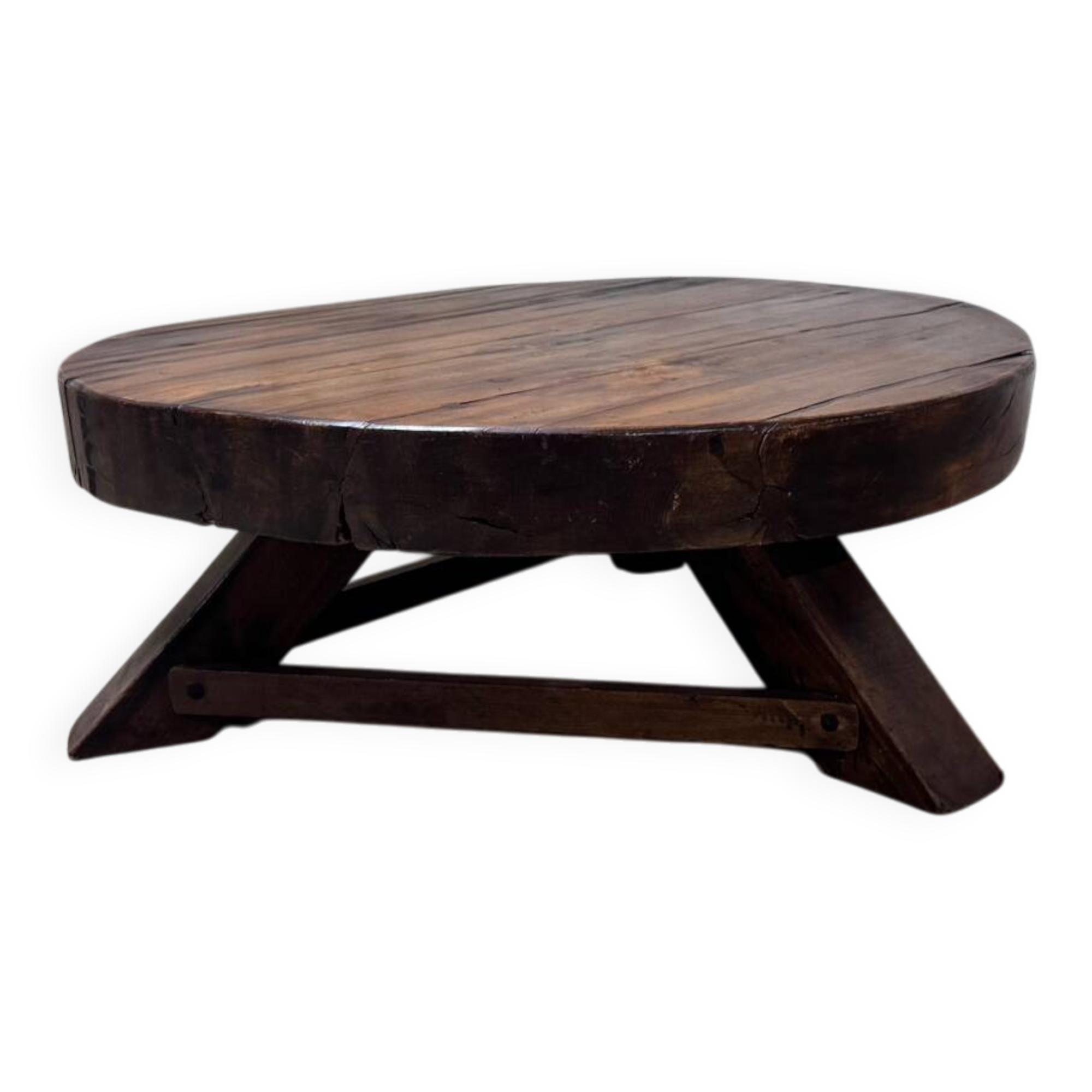 Vintage round oak coffee table, brutalist wabi-sabi, 1950s.