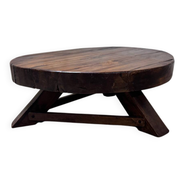 Table basse ronde en chêne vintage brutaliste wabi-sabi, années 1950