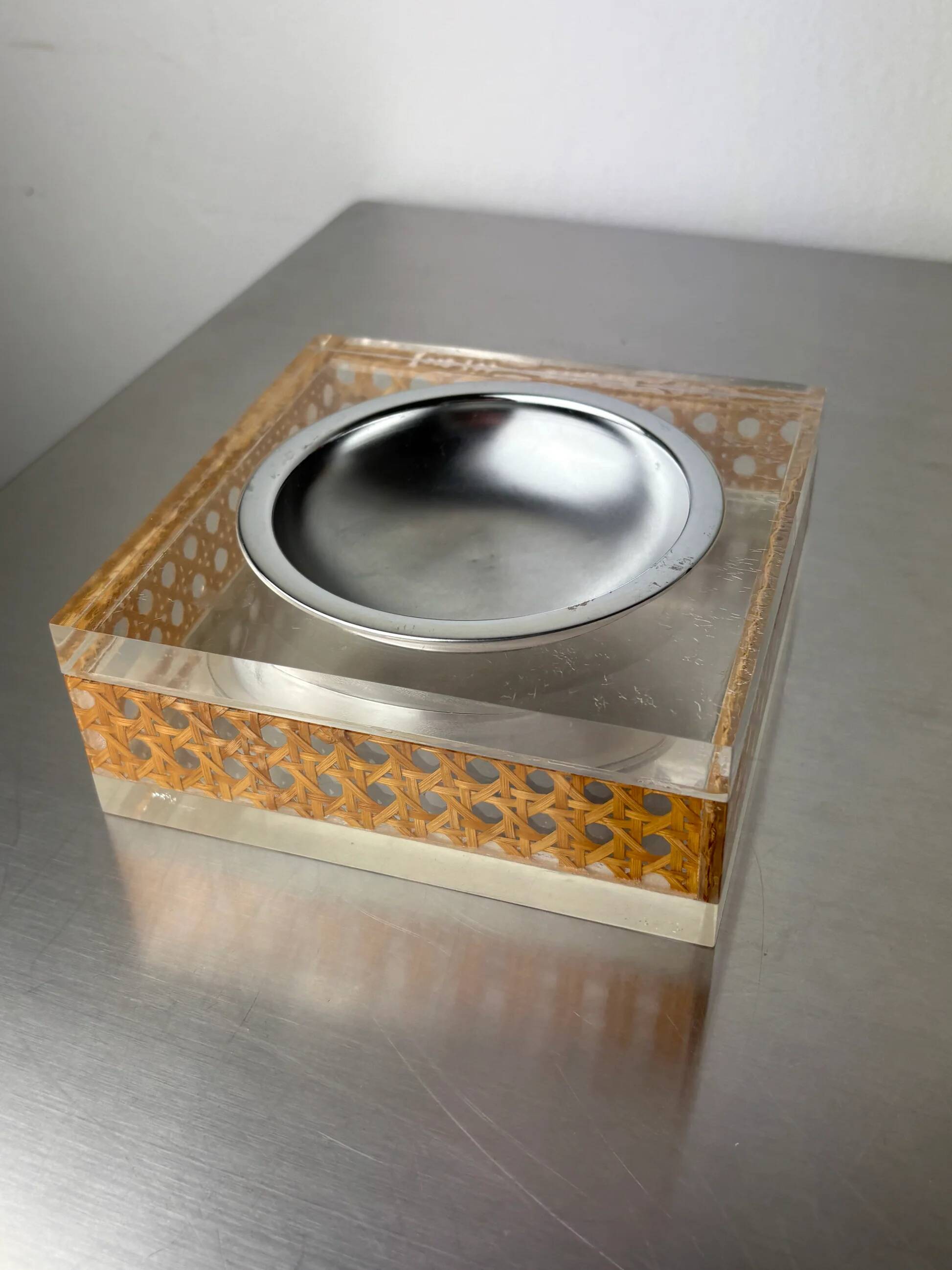 Christian Dior style lucite & rattan ashtray, circa 1970s