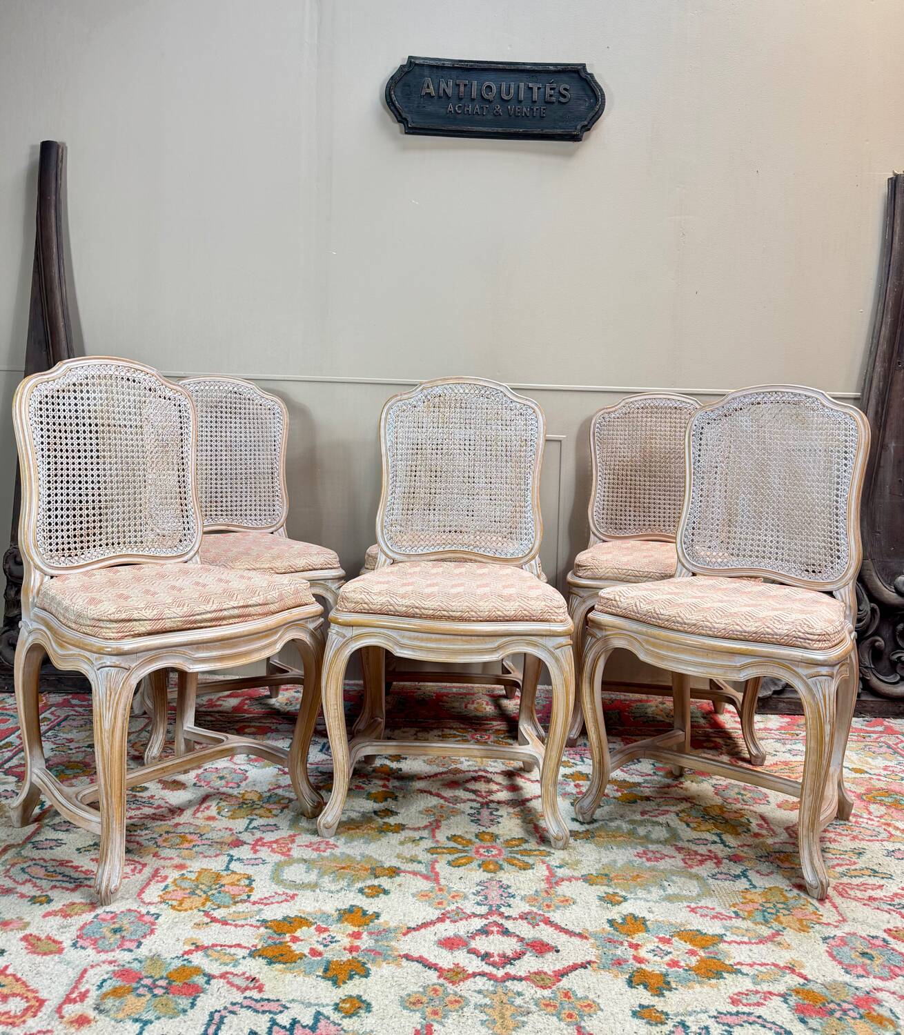 Set of six Louis XV style lacquered wood caned chairs