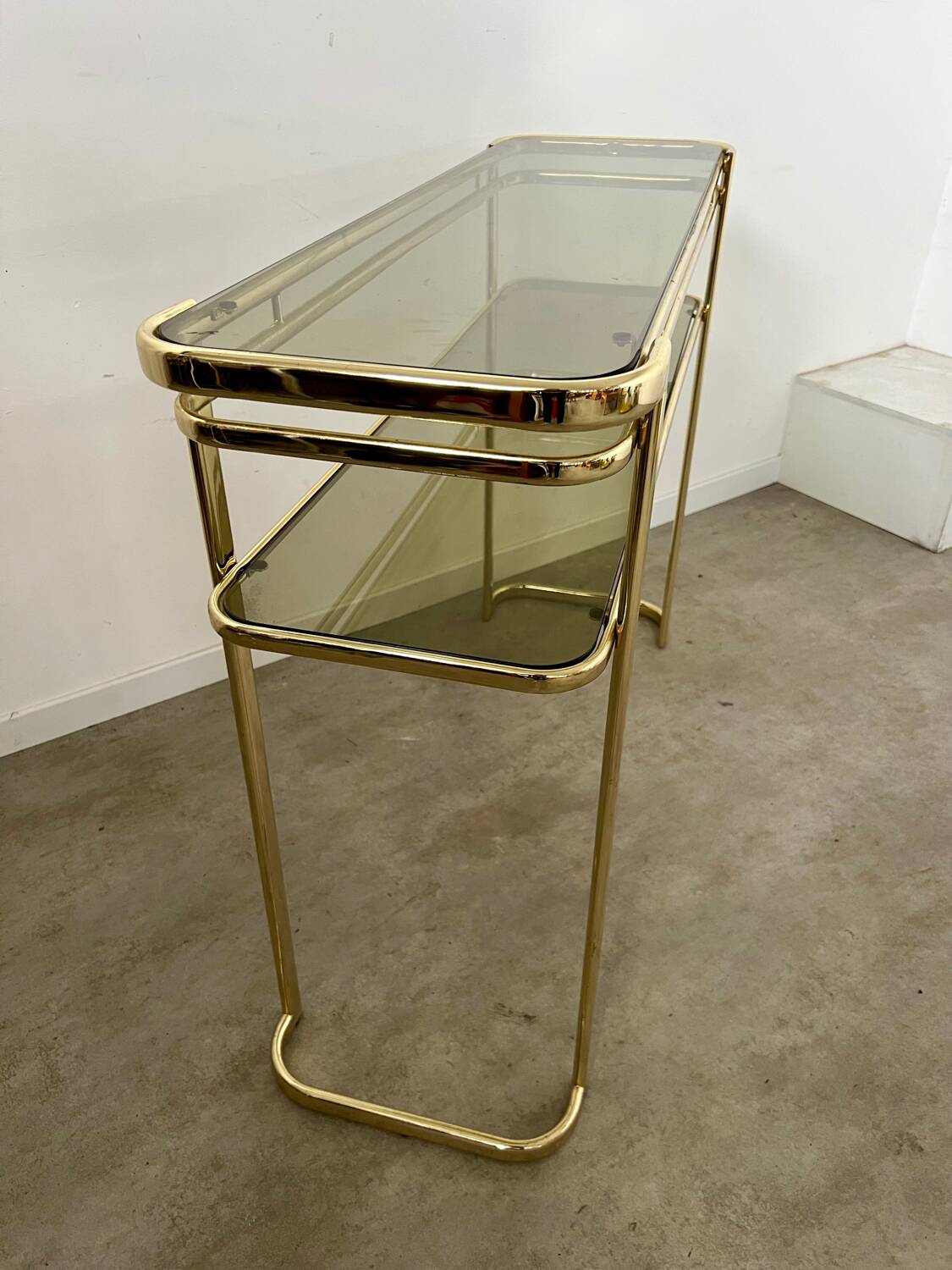 Ancienne console en laiton doré design italien Milo Baughman pour Morex Année 70 vintage