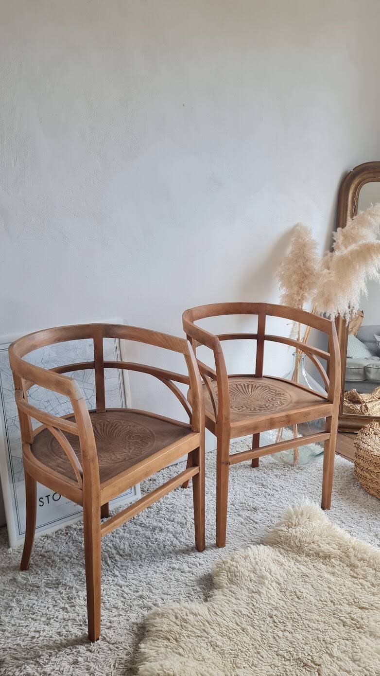 Pair of chairs in the style of antique armchairs circa 1940 - engraved seat.