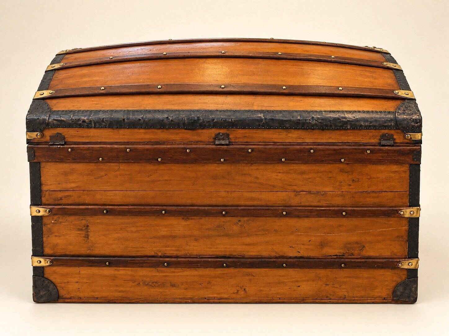 19th Century Domed Travel Trunk – Wood, Brass, Leather – Restored