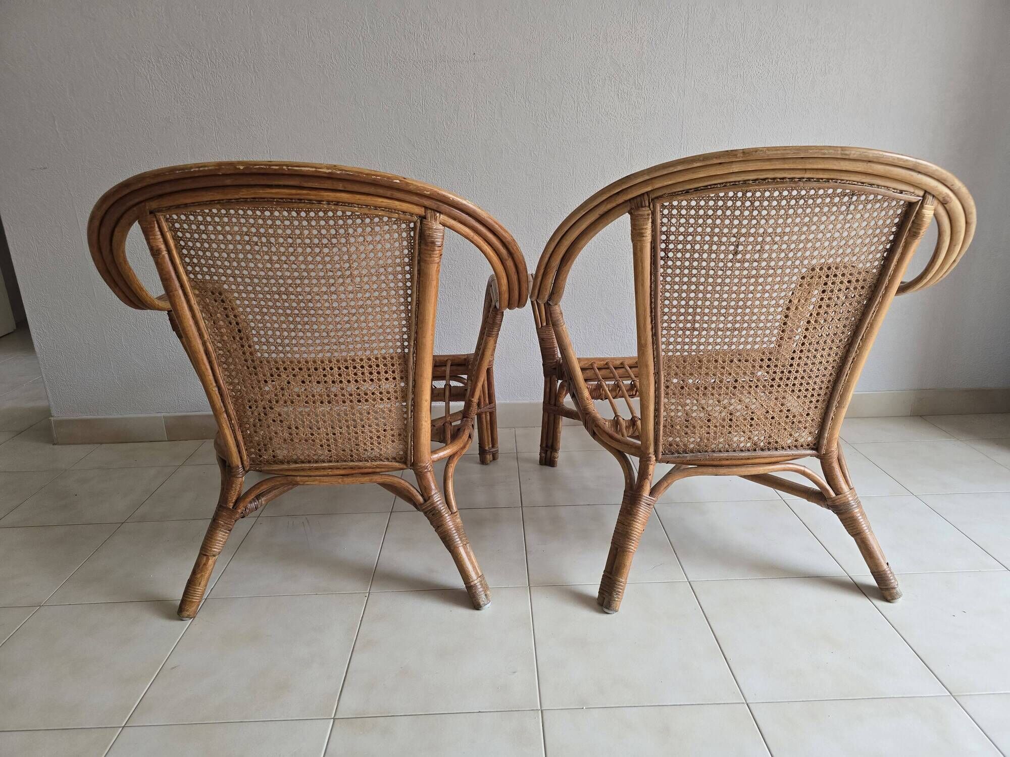 Pair of vintage rattan and cane armchairs – 1960s/70s