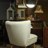Fauteuil club vintage expo '58 tapisserie boucle blanche entièrement rénovée salon style art déco