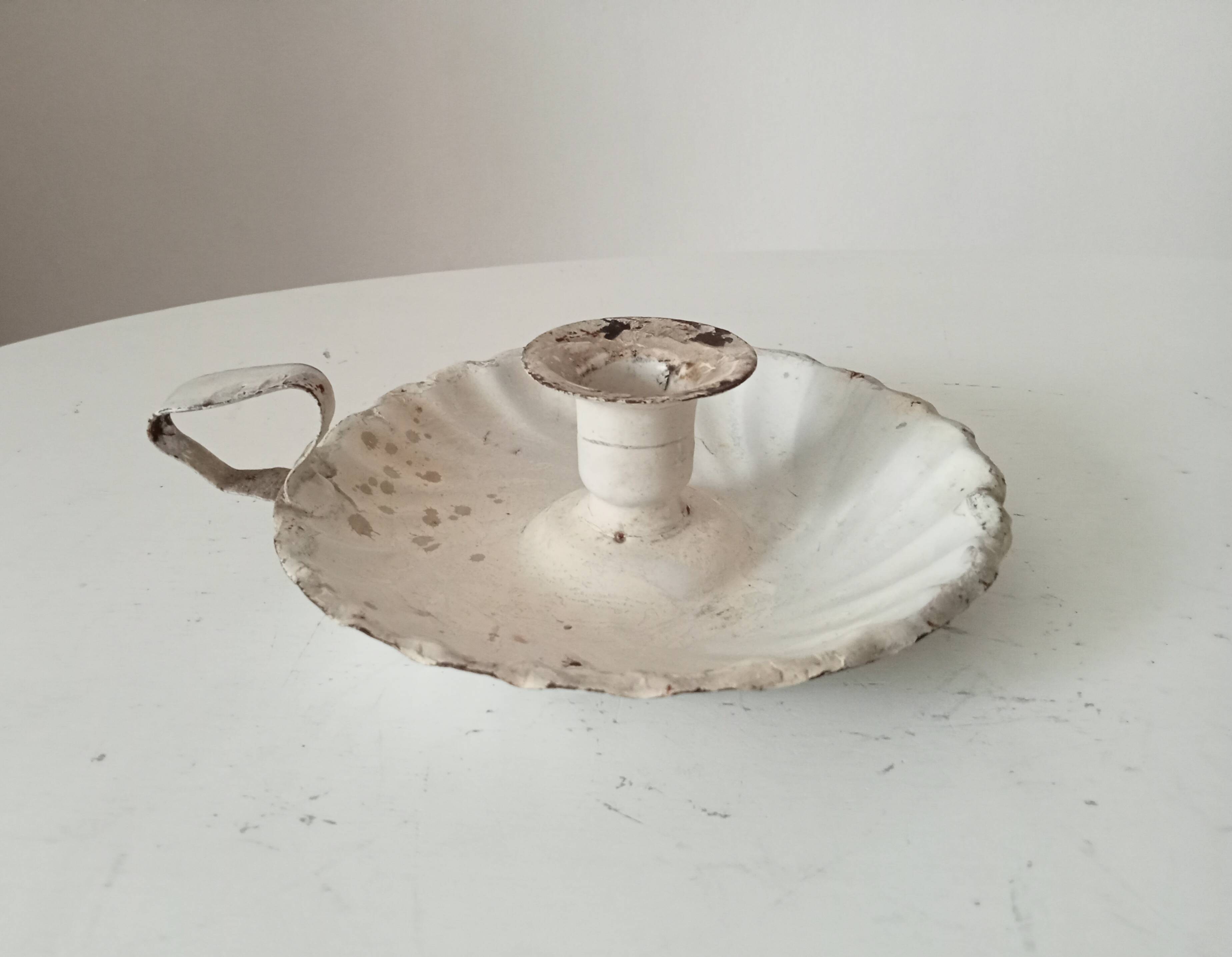 Antique hand candle holder "cellar rat" in enamelled metal
