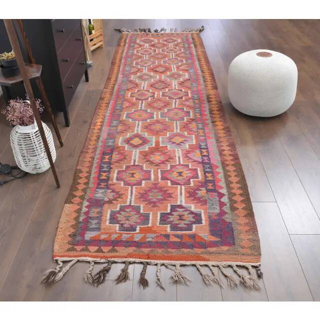 1970s Vintage Turkish Hand-Knotted Wool Cotton Orange Runner Rug 104x365