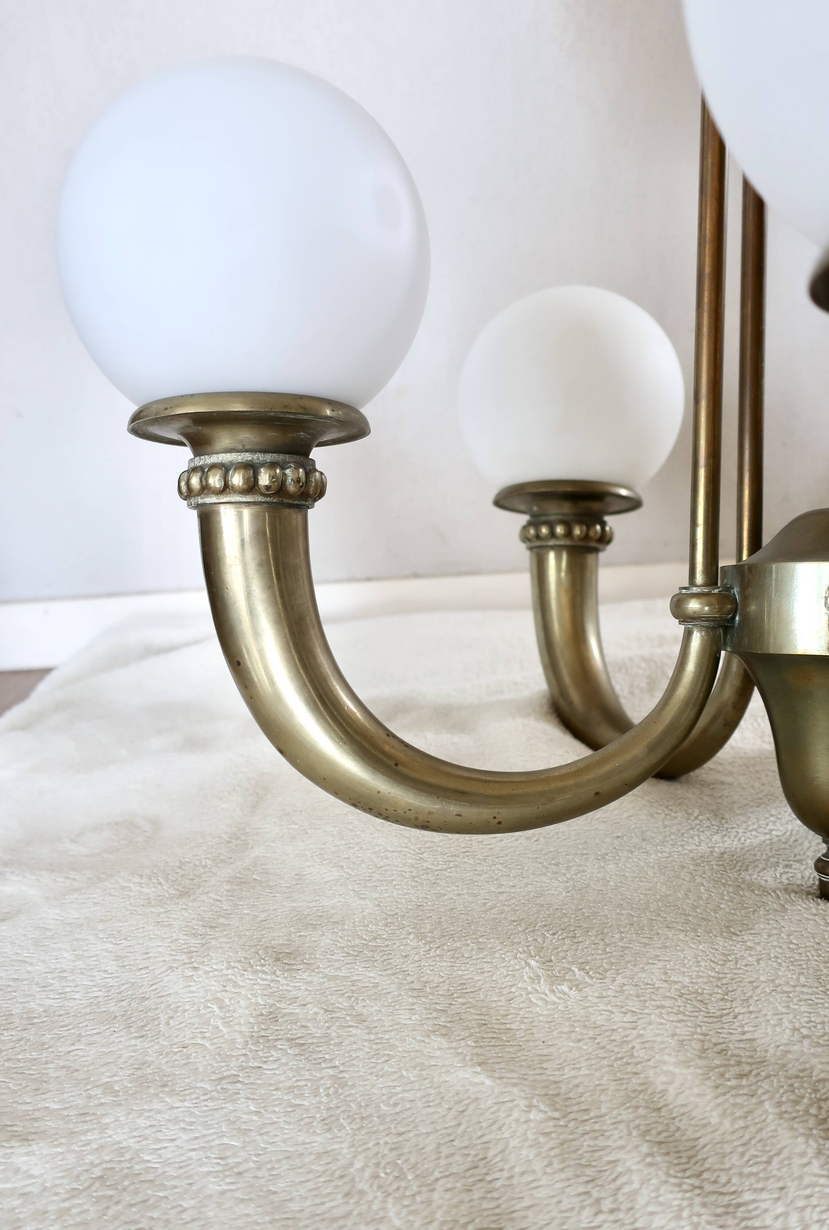 Art Deco chandelier in bronze and opaline by Jean Pascaud, 1940s.