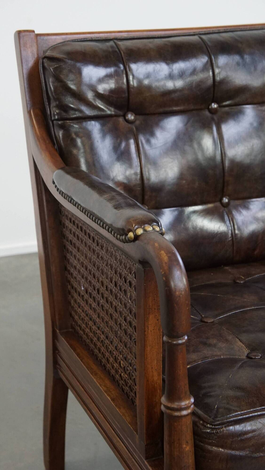 Vintage 1970s Design Armchair Made of Wood, Leather, and Webbing