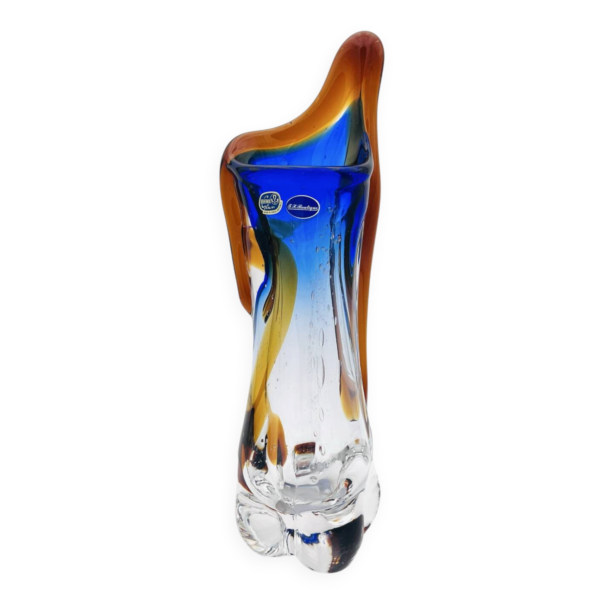 Large stretched glass sculpture vase from Bohemia – Cobalt blue, Amber