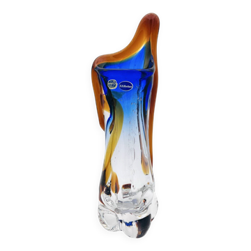 Grand vase sculpture en verre de Bohême étiré – Bleu cobalt, Ambre