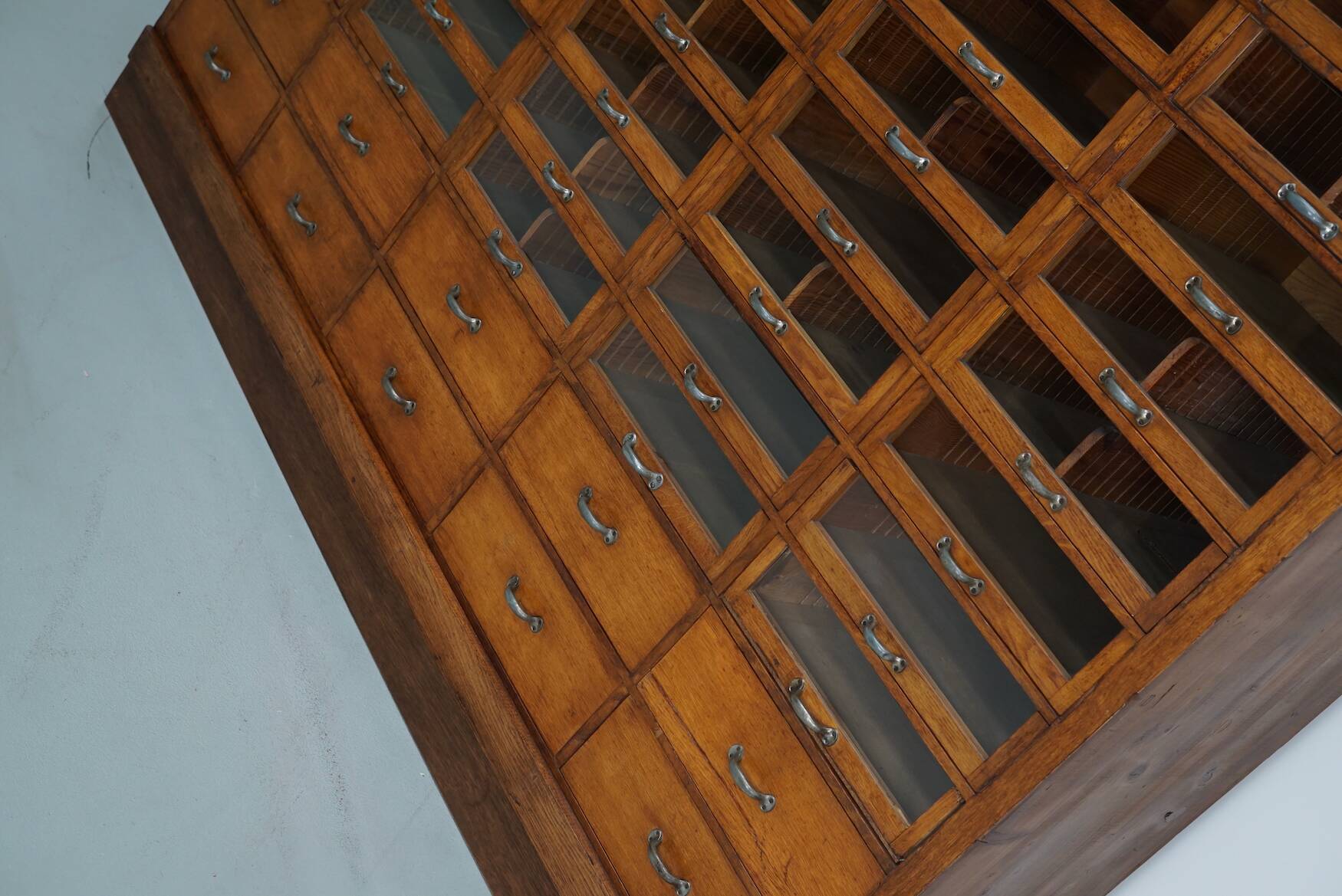 Large vintage German oak haberdashery shop cabinet, 1940s