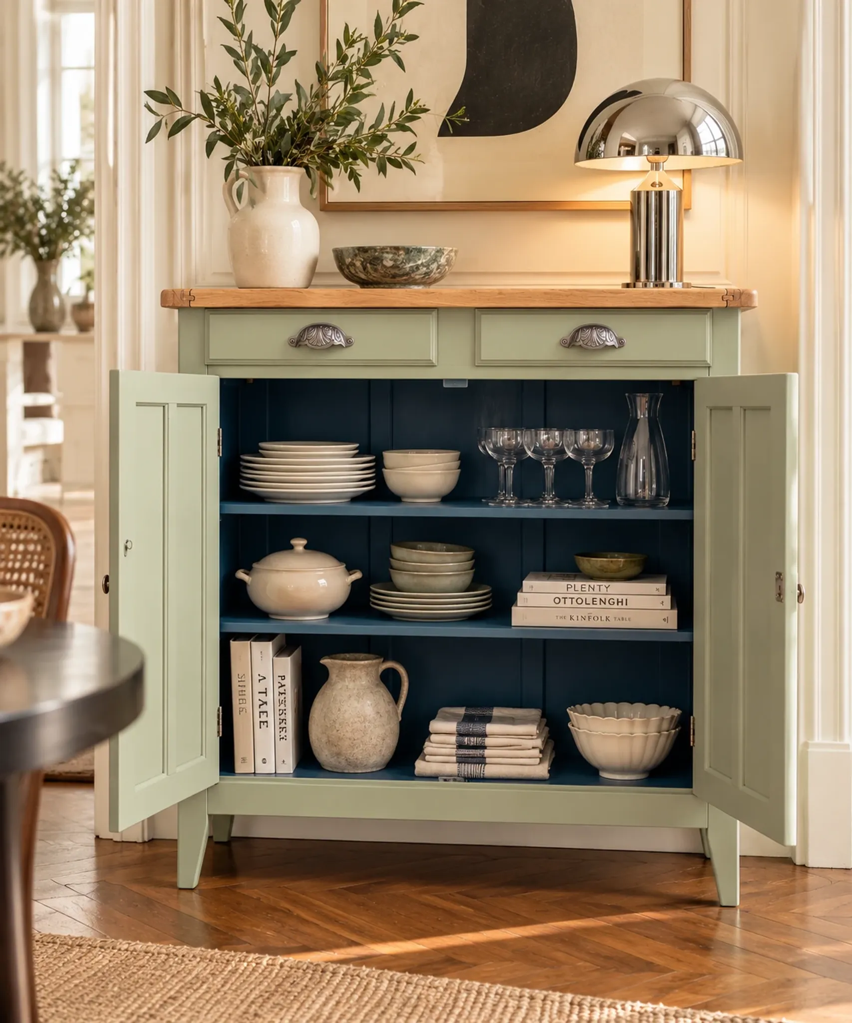Renovated khaki Art Deco Parisian buffet in beech.