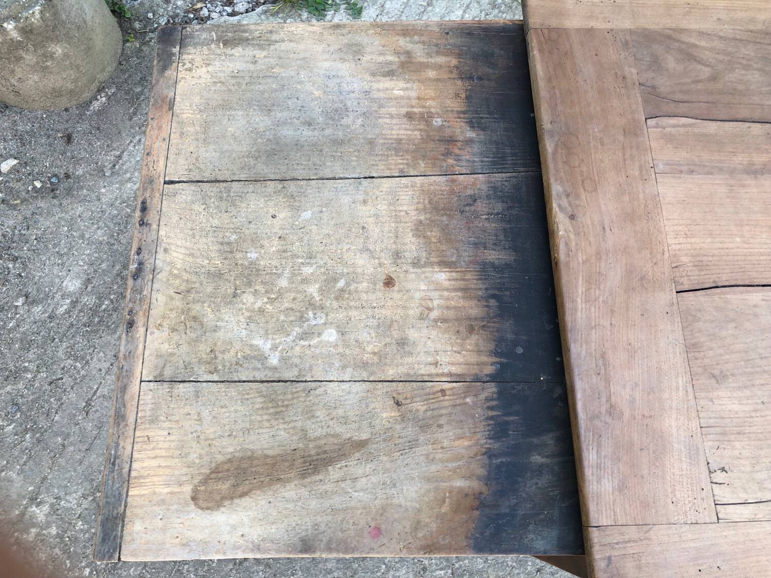Antique solid cherry farmhouse table with 3 drawers and 2 pulls