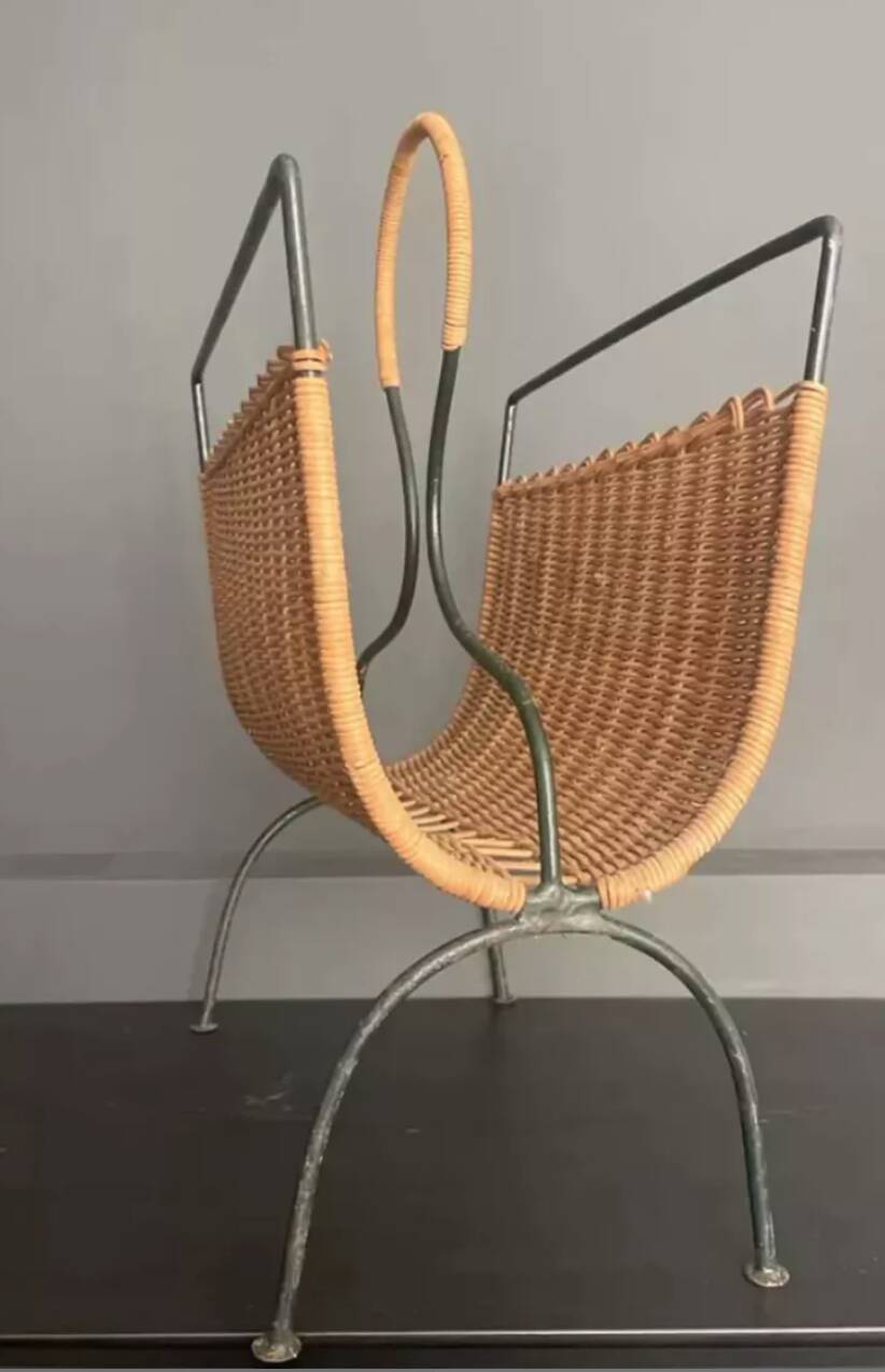 Wicker and lacquered metal magazine holder vintage 1950