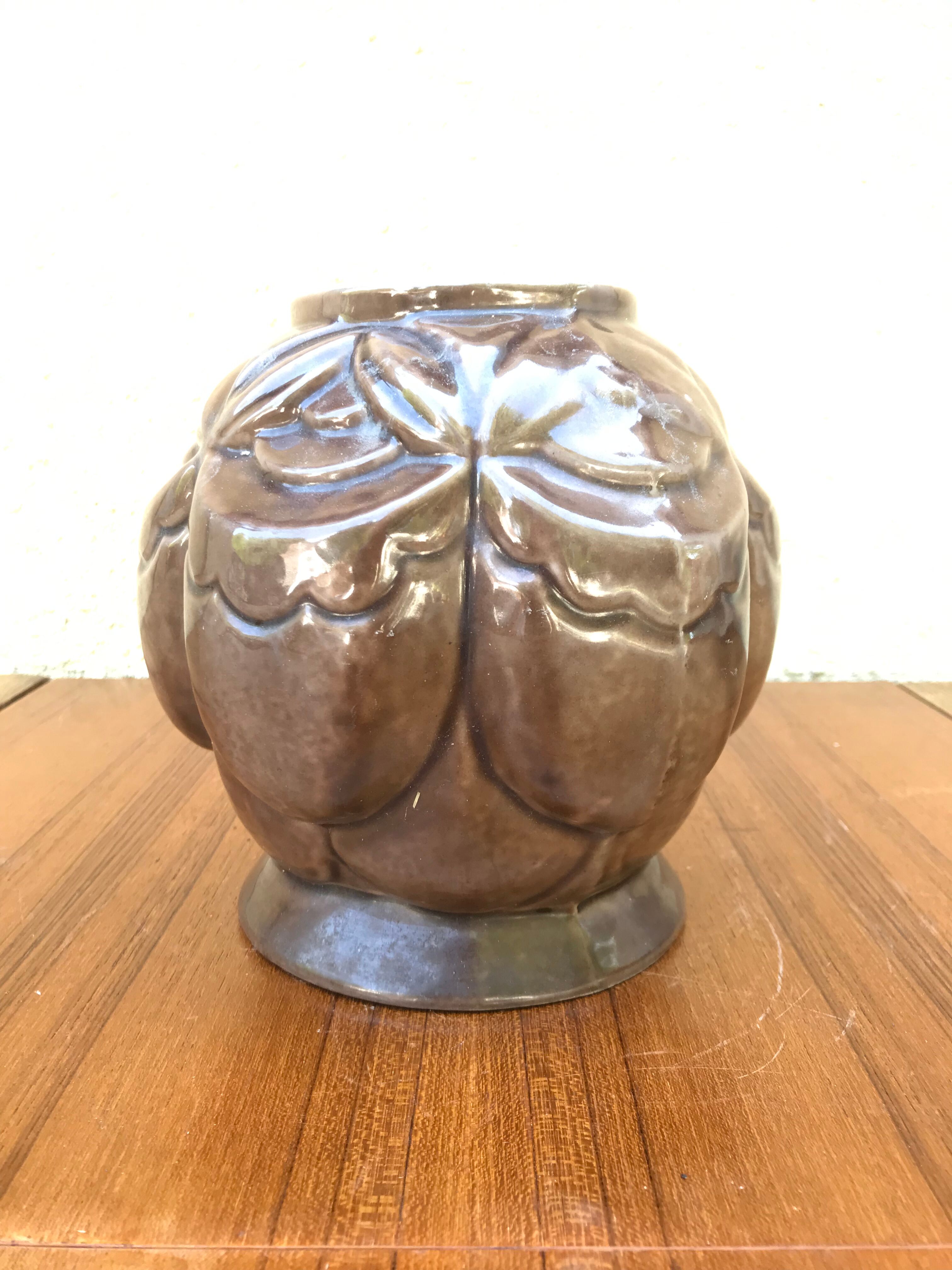 Old pot art deco plants fonte enamel brown