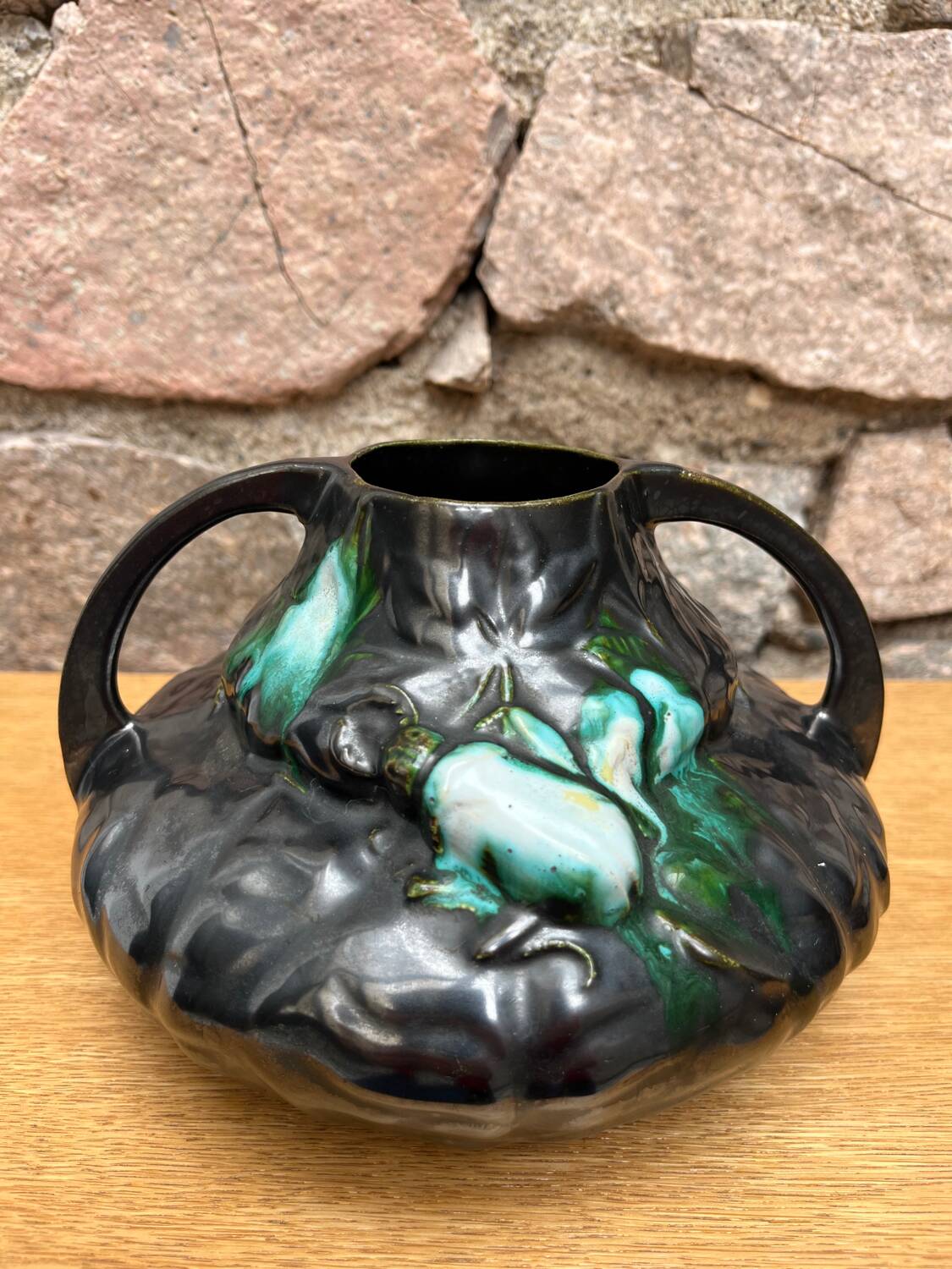 Art Nouveau barbotine vase with "scarabs" decoration.