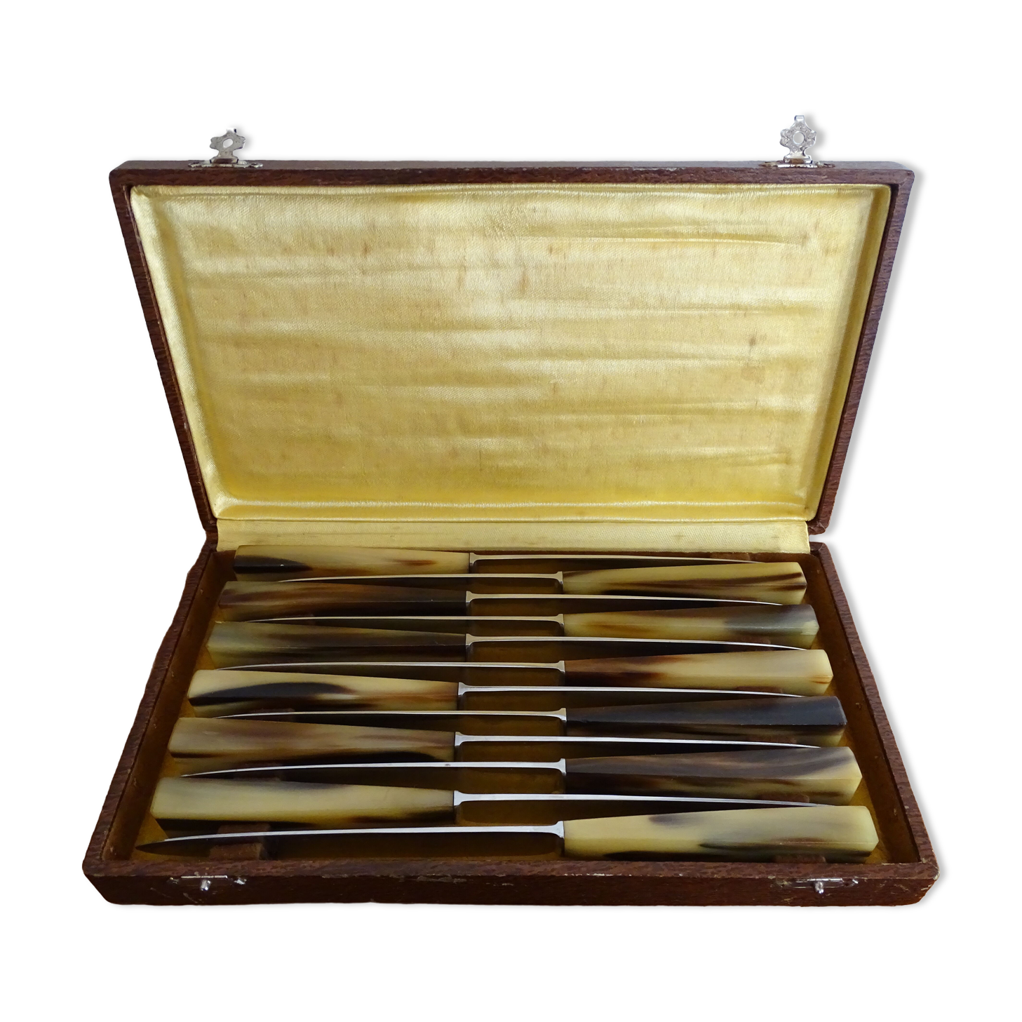 12 old Art Deco horn and stainless steel knives in case
