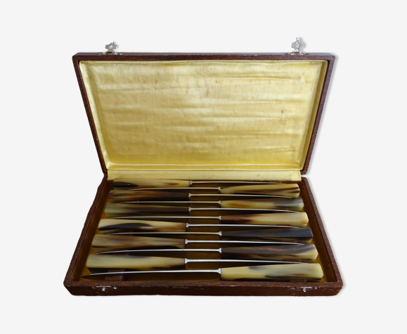 12 couteaux anciens Art déco corne et acier inoxydable en écrin