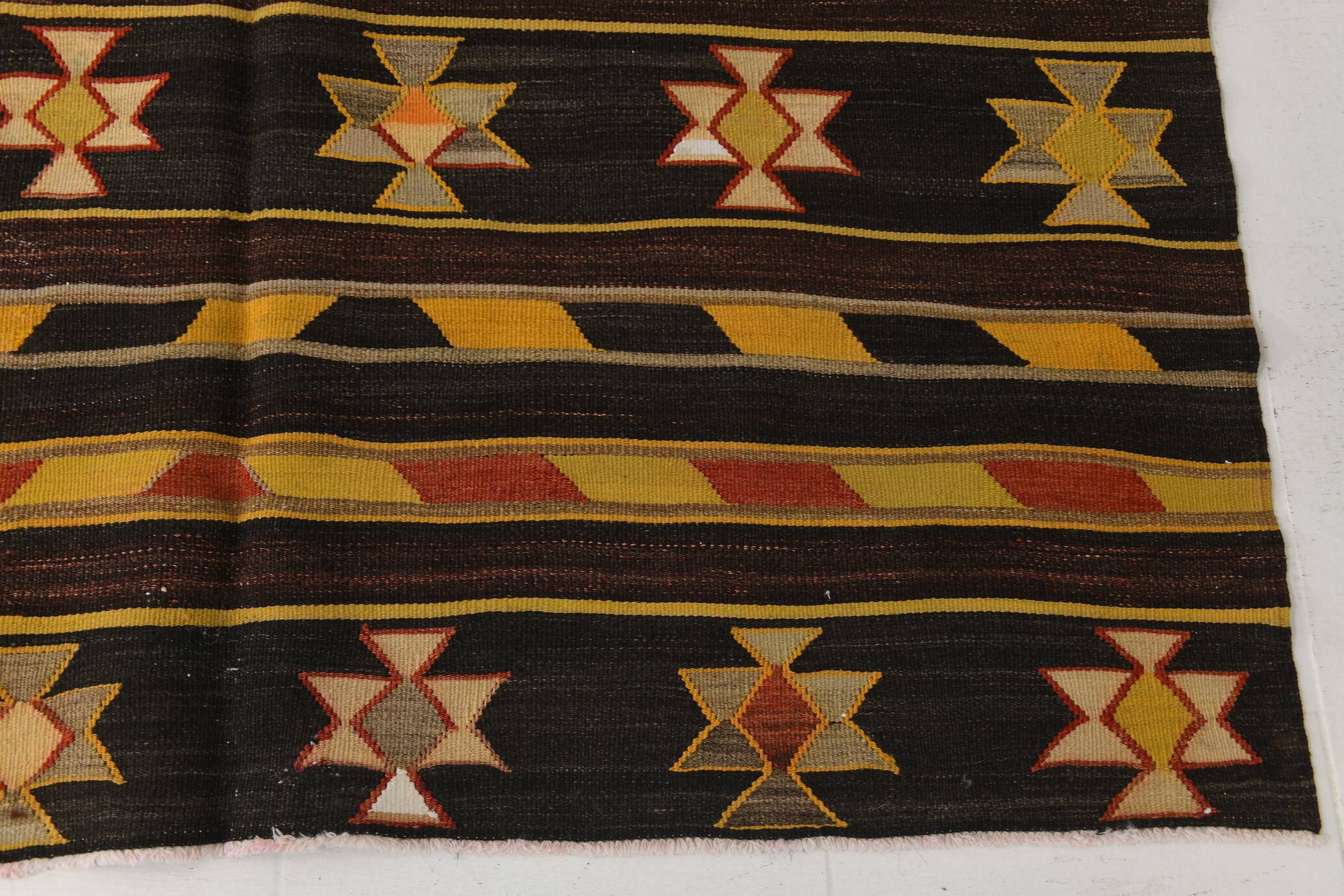 6x10 Dark Brown & Yellow Striped Handmade Wool Kilim Rug, 170x312 Cm