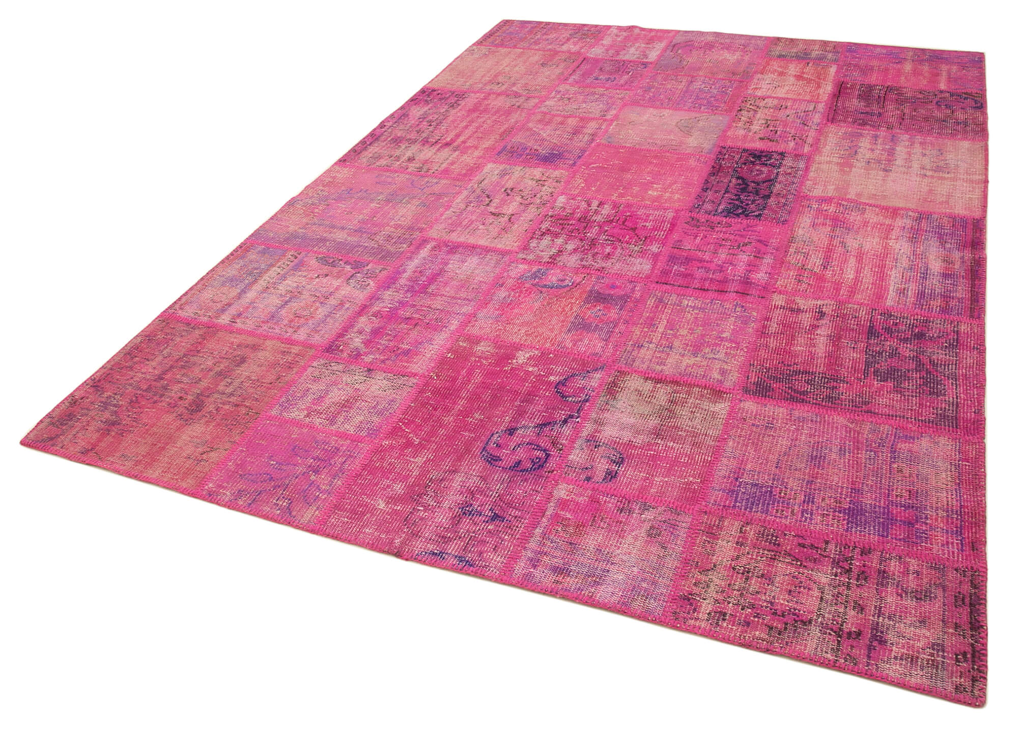 Handwoven oriental overdyed 202 cm x 298 cm pink patchwork carpet