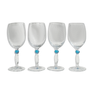Set of 4 blue sphere glass wine glasses with stem