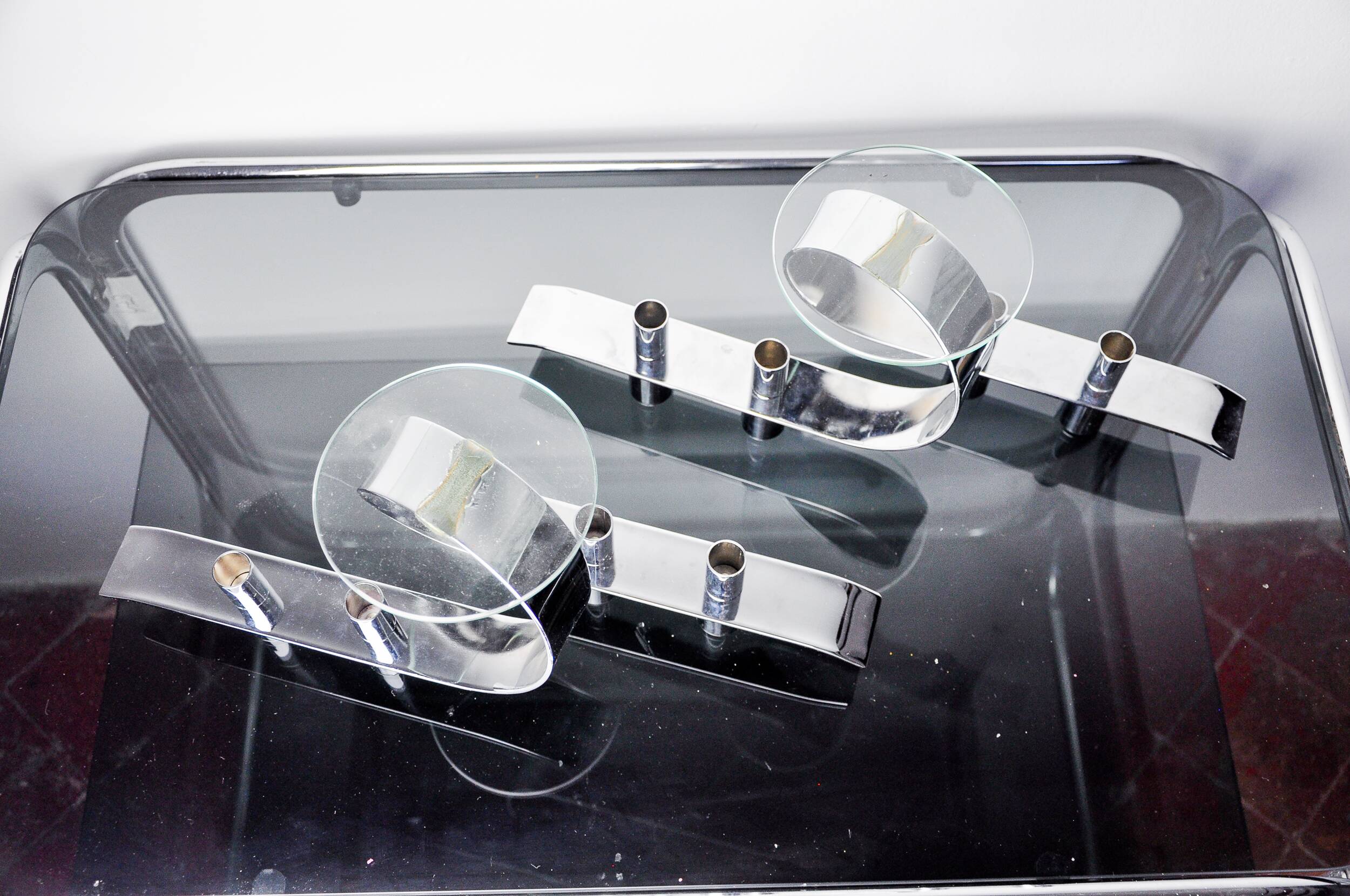 Pair of space-age 4-flame candlesticks, glass and metal, Germany, 1980