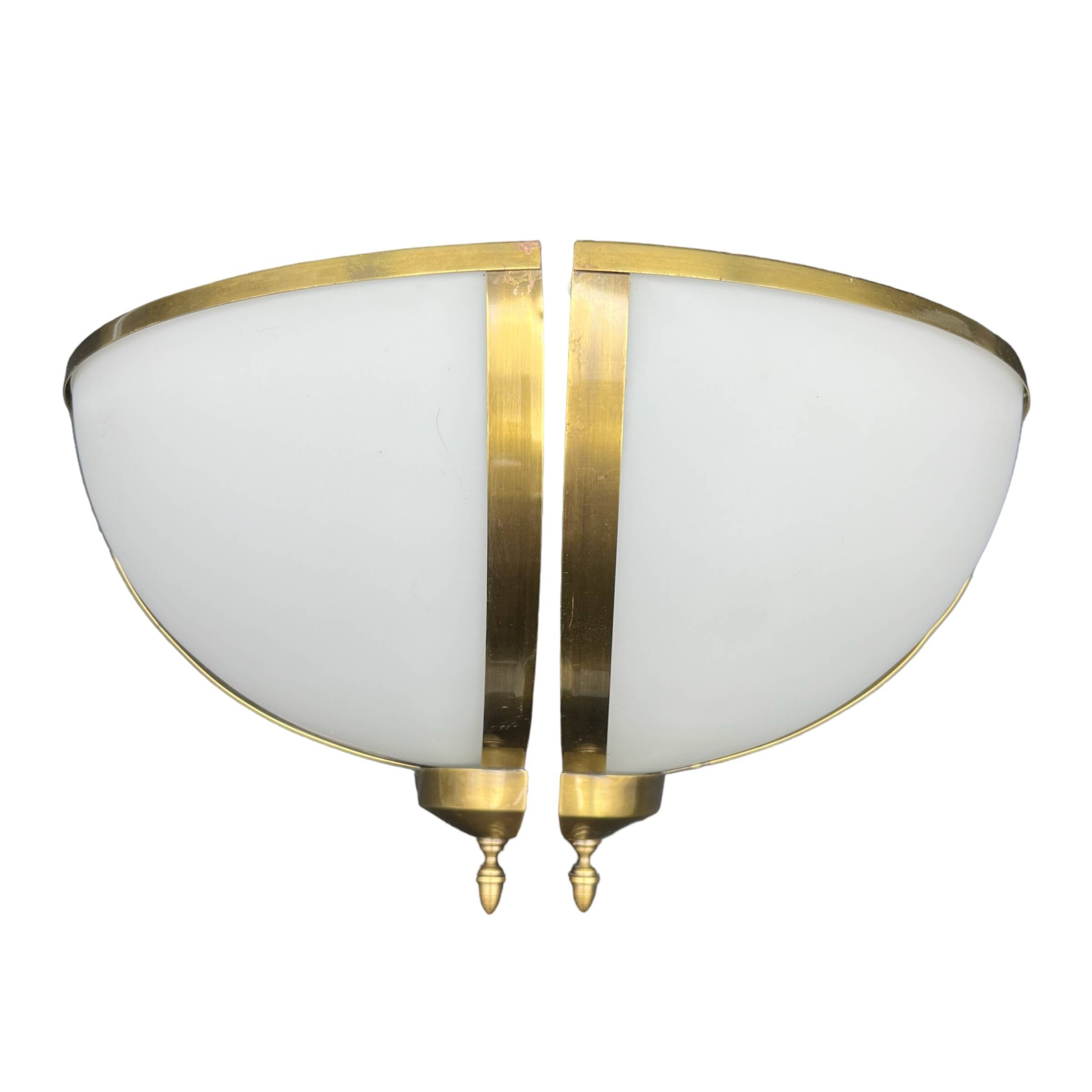 Pair of corner sconces in golden brass and matt opaline