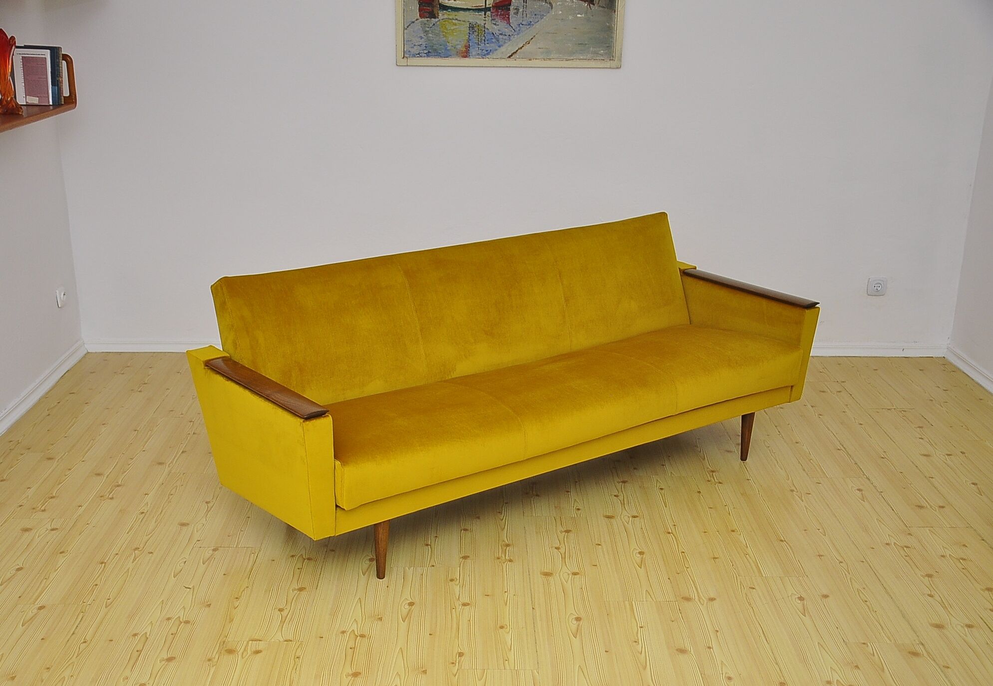 Yellow velvet sofa with fold-out function, 1960s