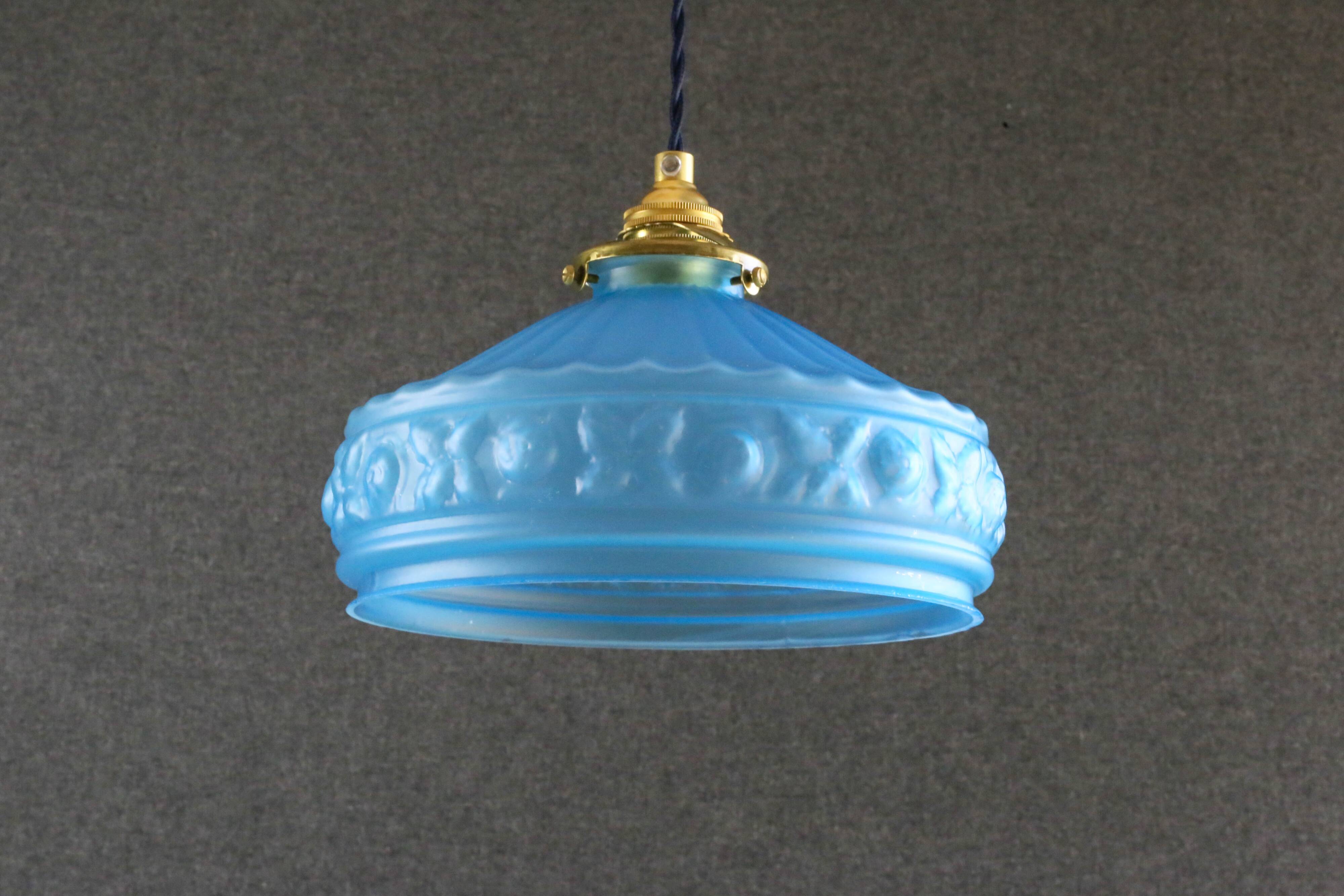 Old pendant lamp in blue translucent glass - circa 1930 - delivered with