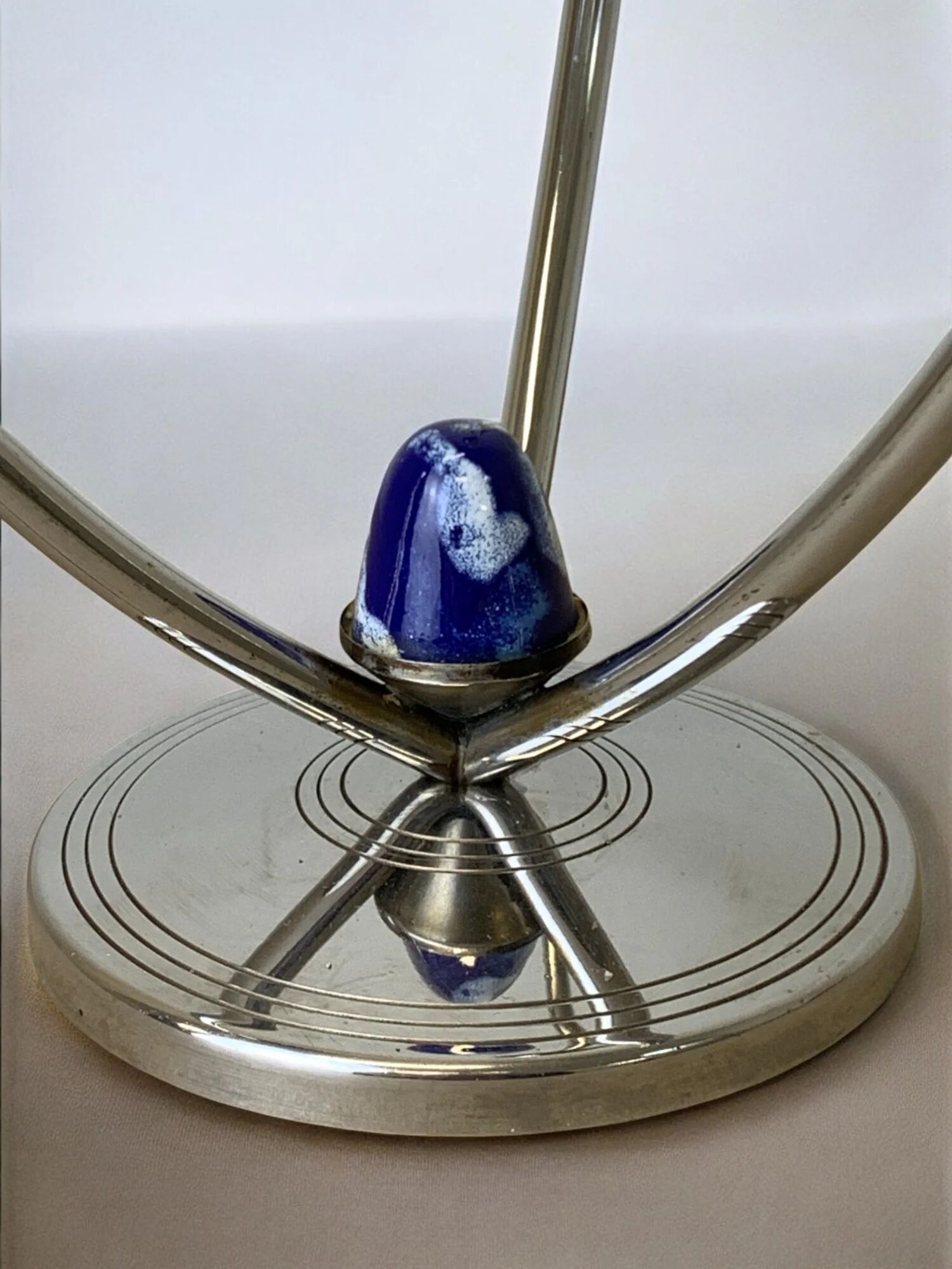 Art deco candlestick in stainless steel, 3 flames and blue stones, Spain, circa 1970s