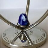 Art deco candlestick in stainless steel, 3 flames and blue stones, Spain, circa 1970s