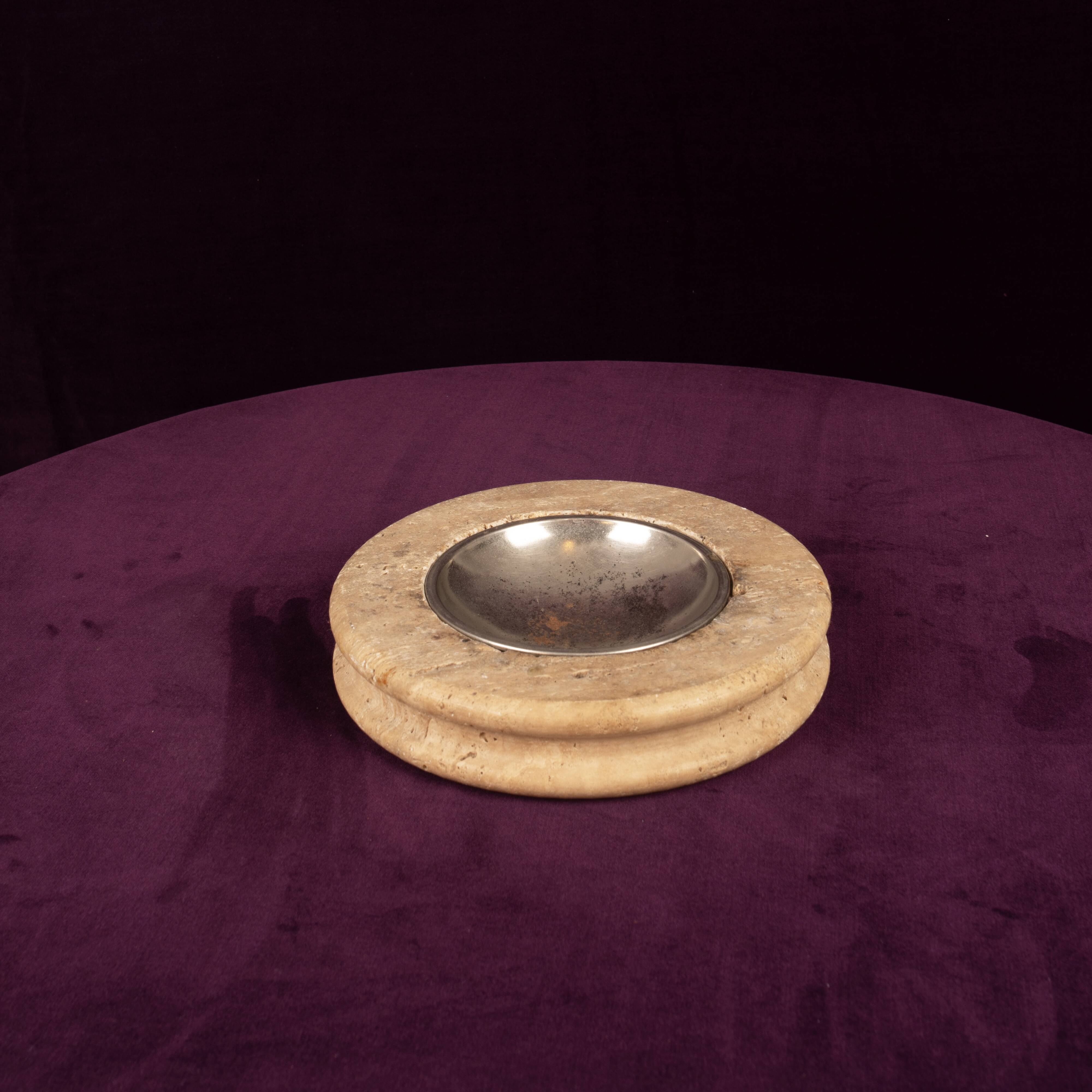Round Italian Travertine Ashtray with Removable Metal Dish 1970