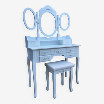 Meuble bureau coiffeuse bois blanc laqué style romantique triptyque miroir chic