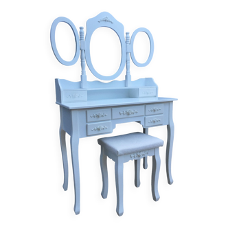 Meuble bureau coiffeuse bois blanc laqué style romantique triptyque miroir chic