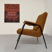 Vintage metal armchair with orange boucle fabric, French design from the 1950s.