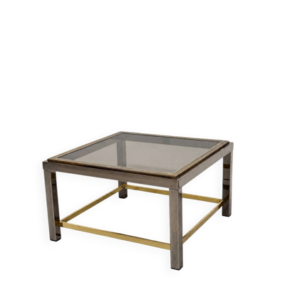 Table basse carrée Belgo Chrom avec plateau en verre fumé, acier et laiton