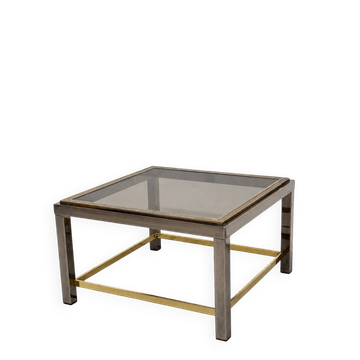 Table basse carrée Belgo Chrom avec plateau en verre fumé, acier et laiton
