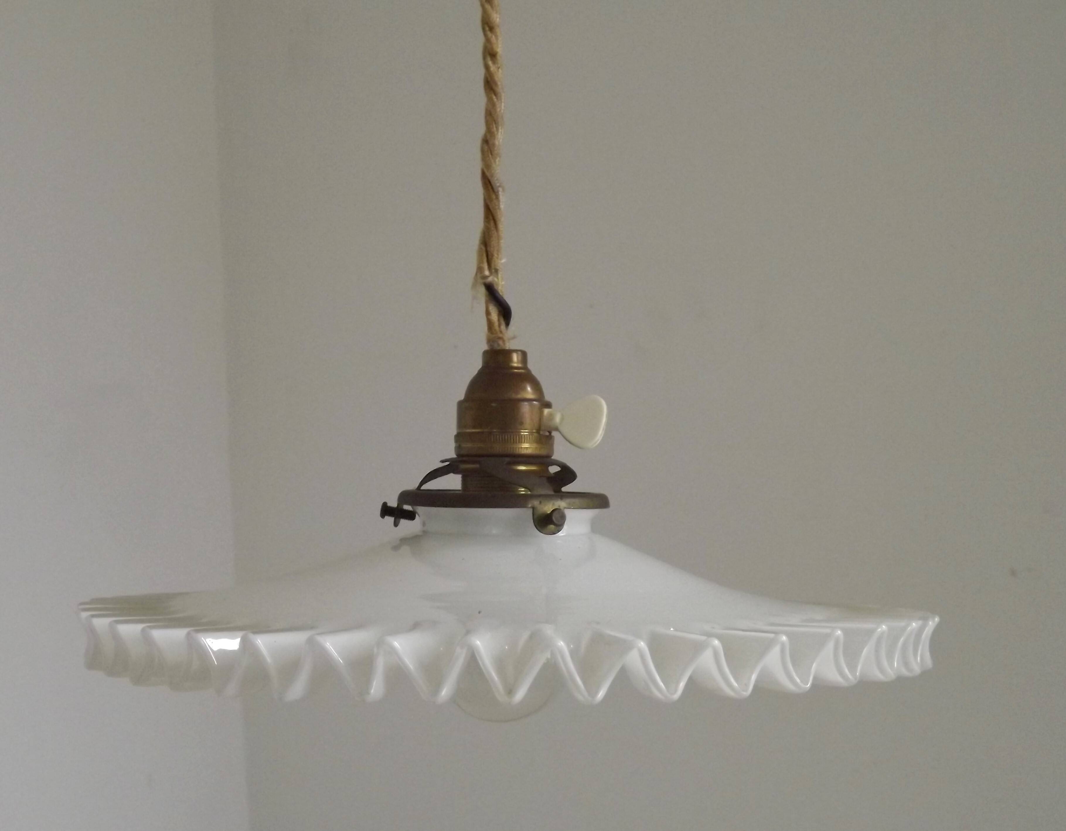Vintage French Rise & Fall Counterbalance Ceiling Light Opaline Glass Shade