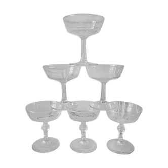 Lot of 6 crystal champagne glasses engraved 60s