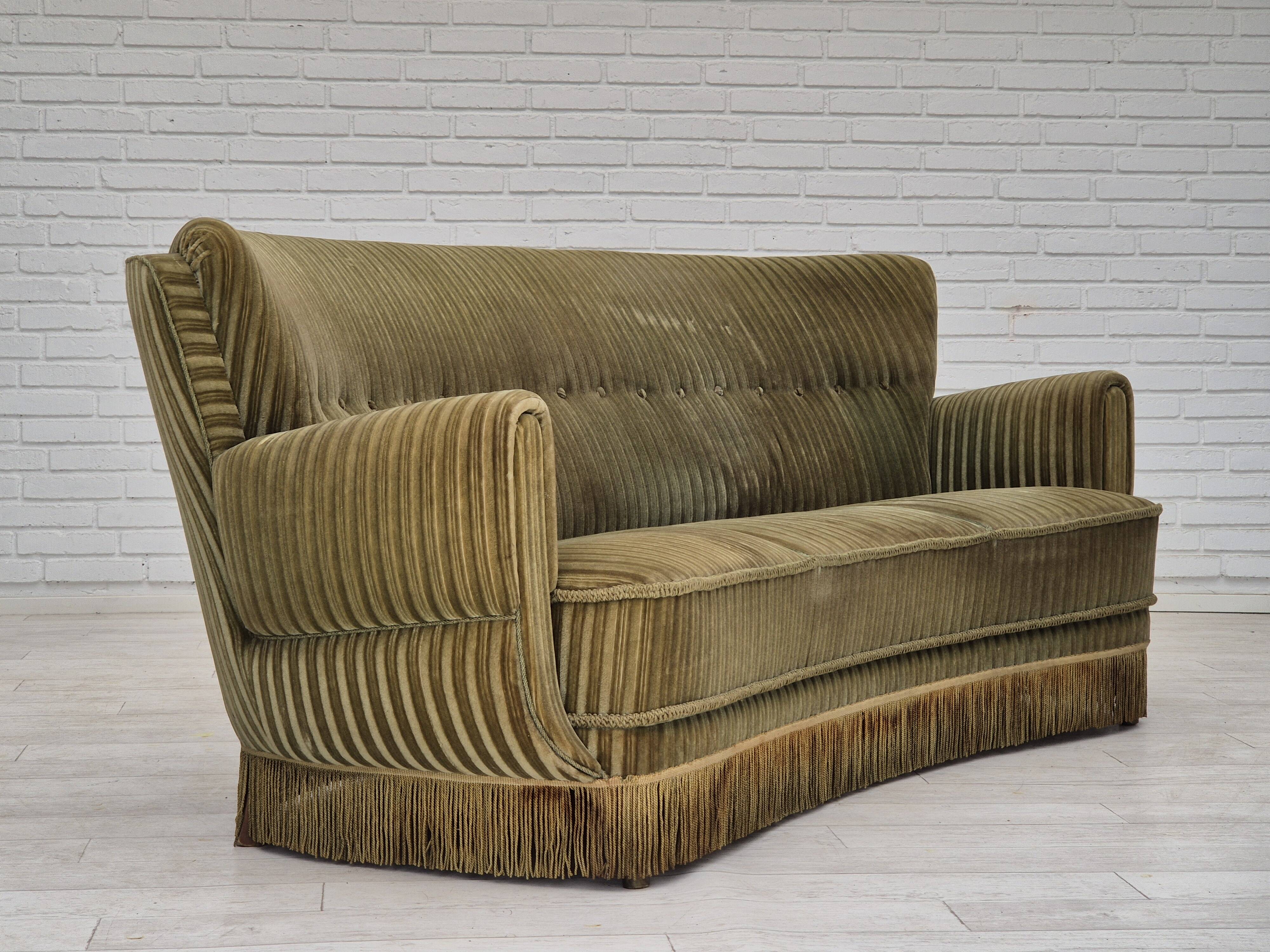 1960s, Danish 3-seater "Banan" sofa, original green velour.