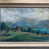 Painting "Mountain landscape" signed Sampic, artist of the Yonne 1950