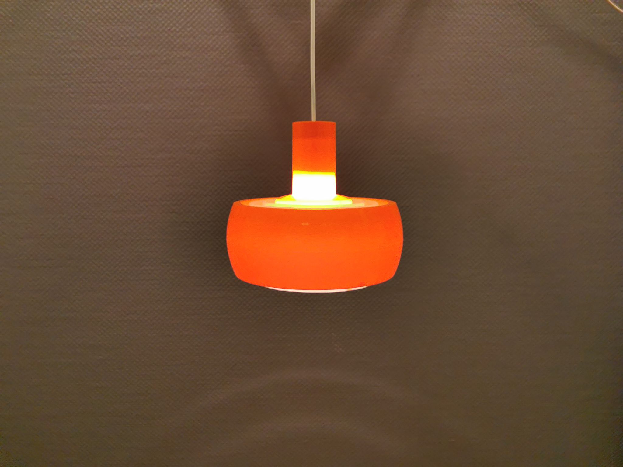 Hanging lamp, designed by Bent Karlby for Schrøder Kemi Denmark 1970s. Made of orange ABS plastic