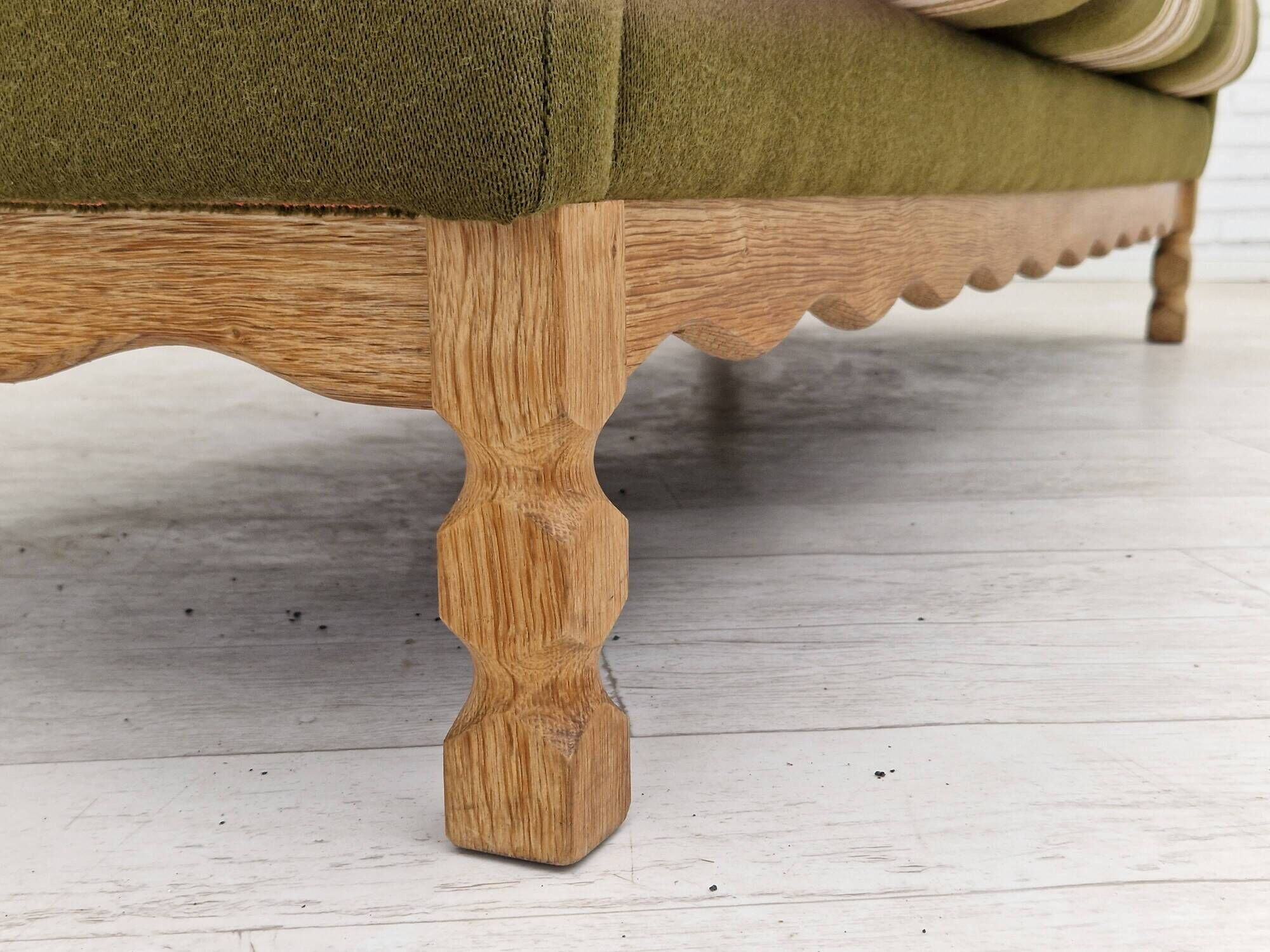 1970s, Danish vintage 3 seater, green fabric, oak wood, original condition.
