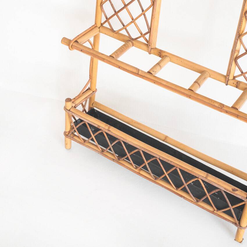 Vintage hall coat rack with mirror. Cane and metal. France, 1960s