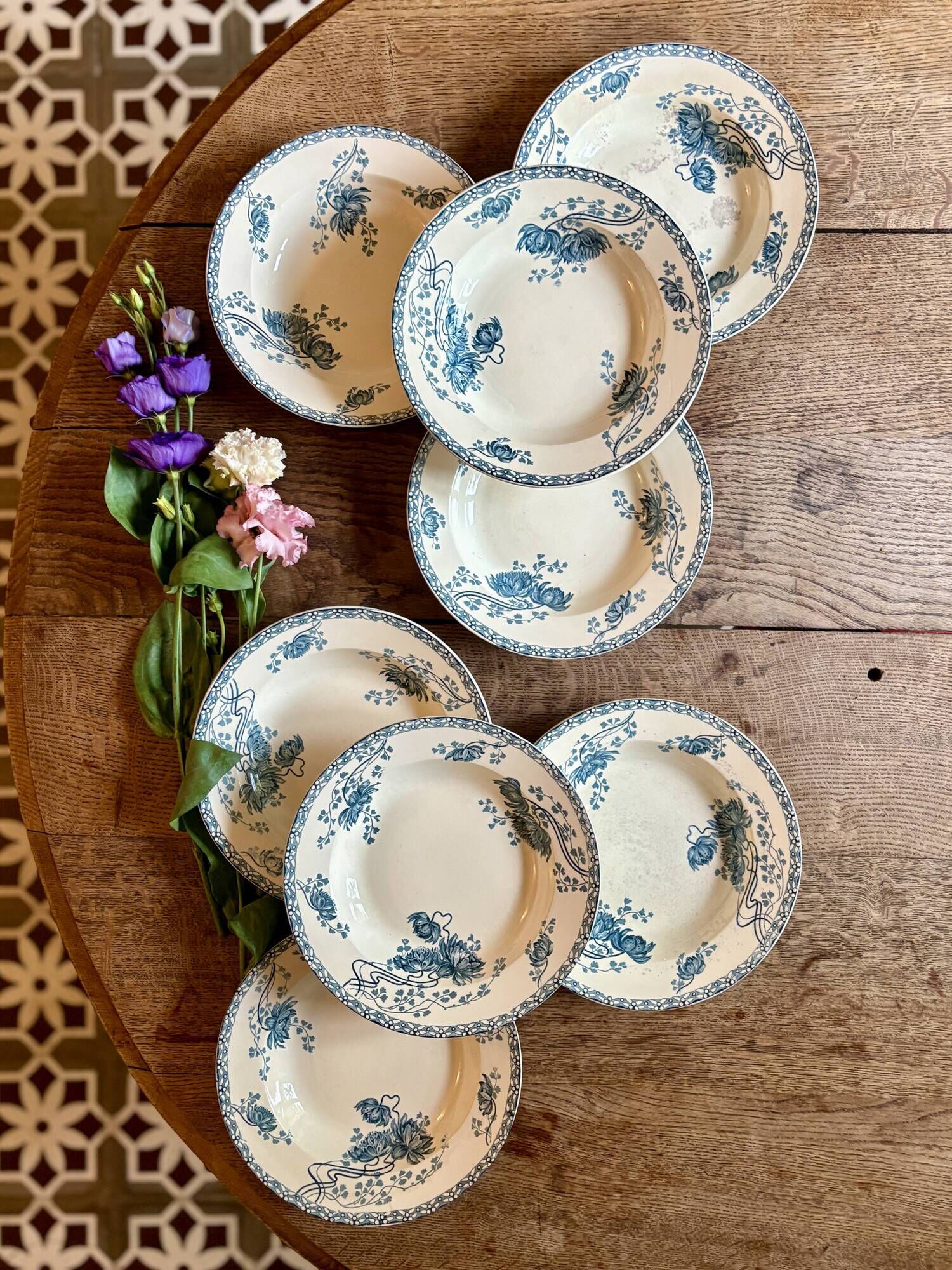 Set of 8 antique deep plates in ironstone, Royat from Sarreguemines.