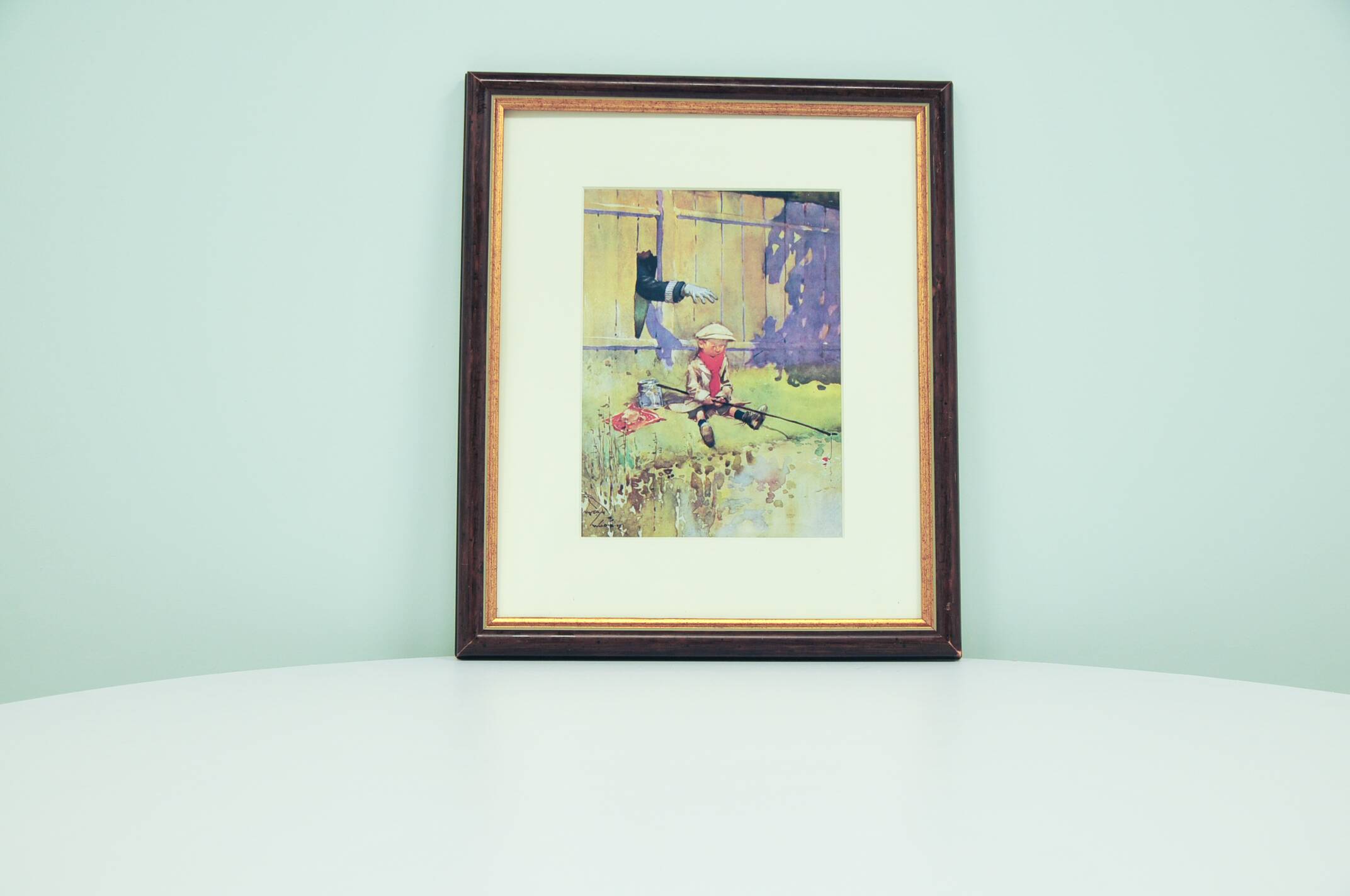 vintage wooden frame fishing child