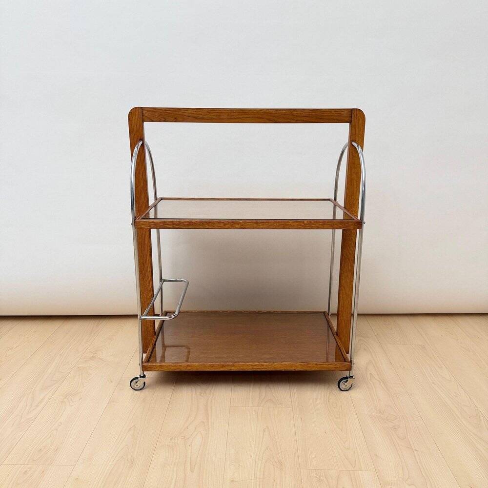 Chariot de service Art Déco en chêne, chrome et verre, France, 1930