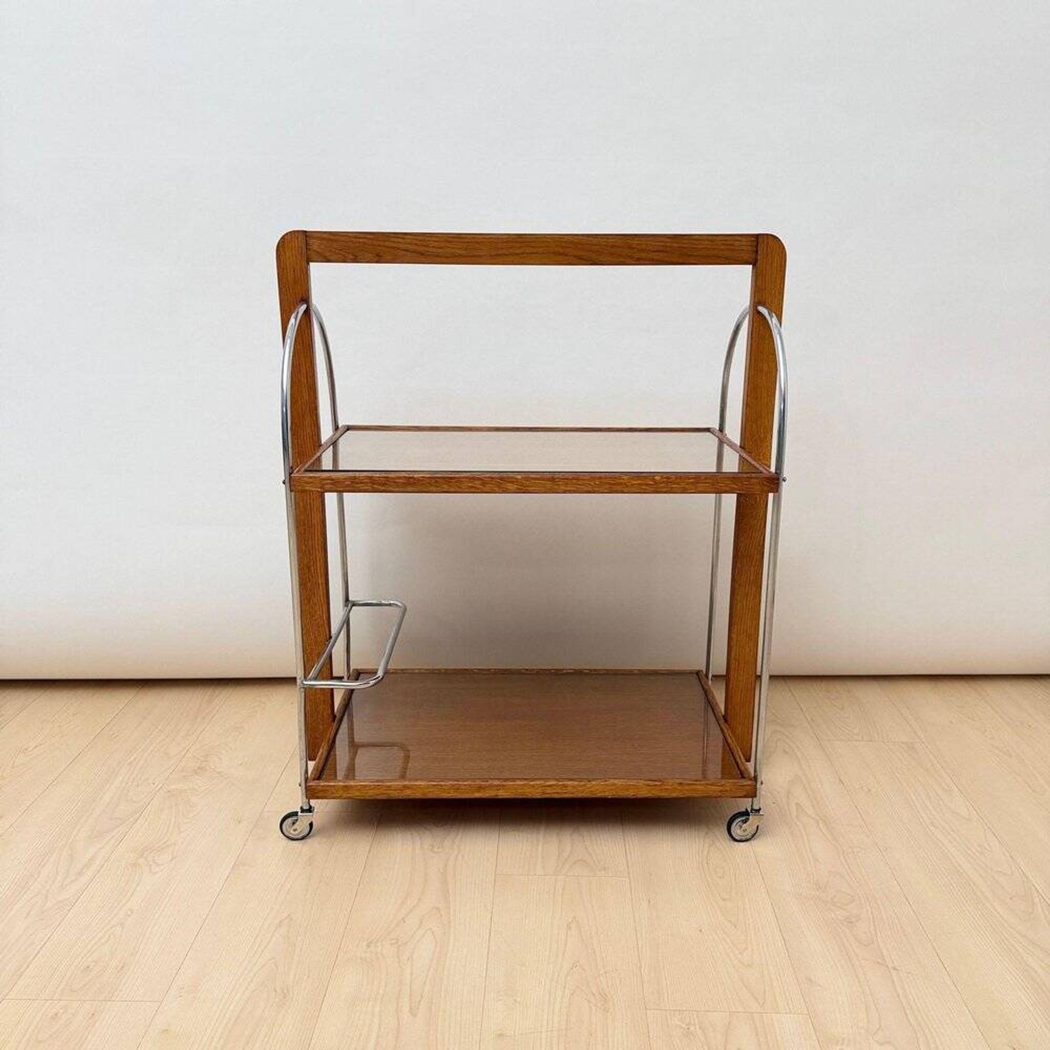 Art Deco serving trolley in oak, chrome & glass, France, 1930